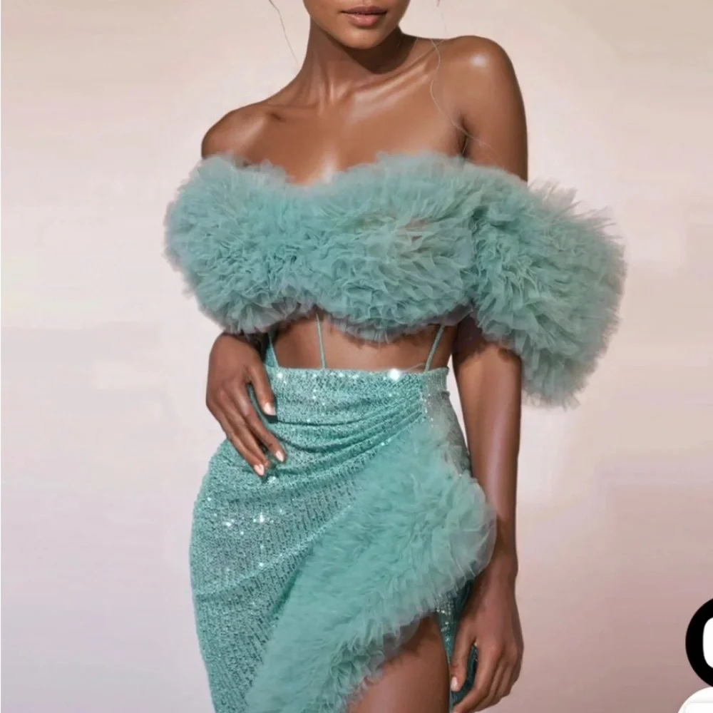 Off-Shoulder Feather Trim Mint Green Evening Dress - Picture 2 of 3